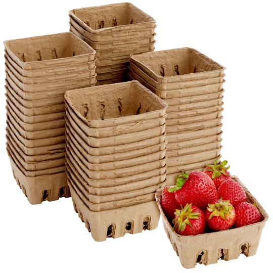 Juvale Pulp Fiber Berry Baskets - 4 x 4 x 1.81 in Brown Molded Pulp - Ventilated Design for Farmers Market Produce - Cardboard Fruit Containers & 60 Mini Berry Cartons
